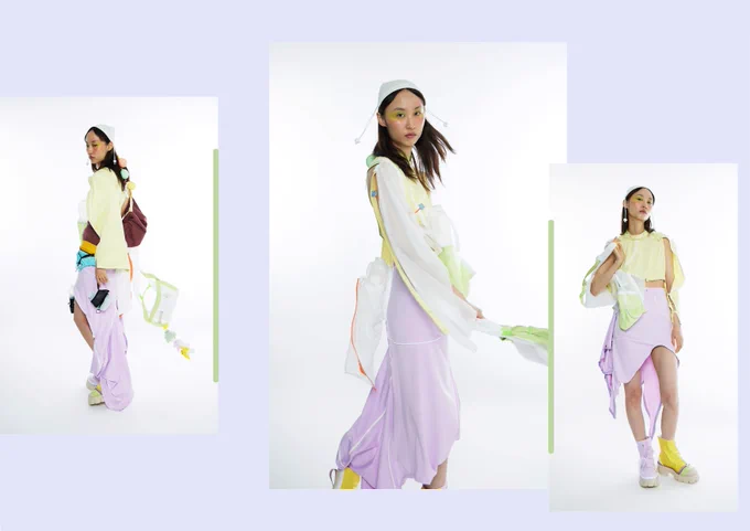 A collage of three images with a model wearing pastel-coloured garments and shoes in a bright studio.