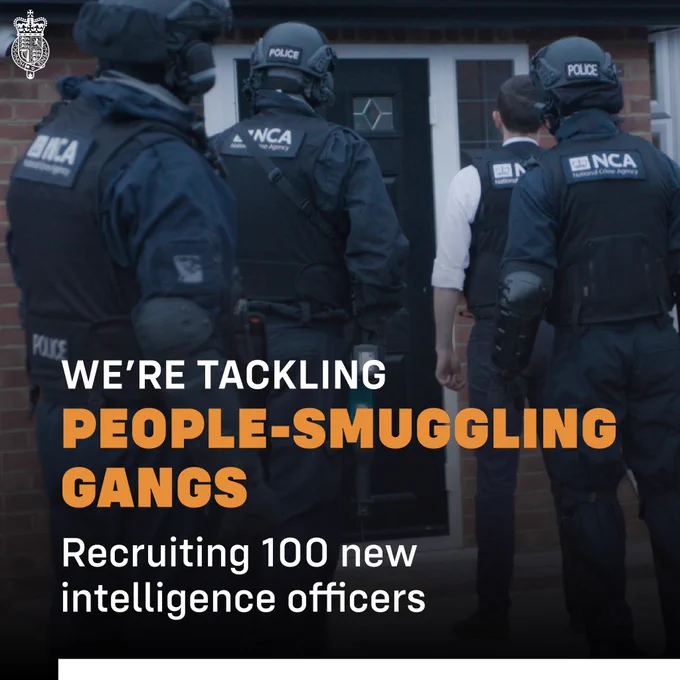 Graphic with text that reads: We're tackling people-smuggling gangs. Recruiting 100 new intelligent officers. 