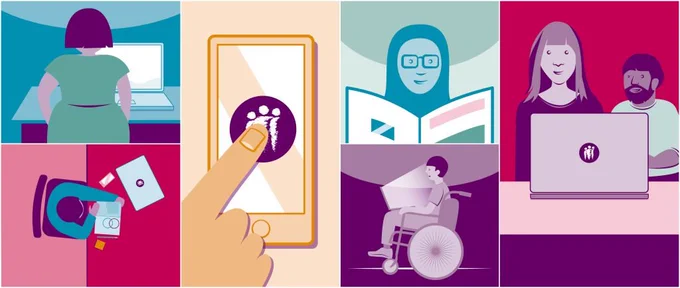 Graphic of a woman using her computer, a person sitting at a desk, a person using a phone, someone using a wheelchair, someone reading a magazine, and two people sitting at  a laptop. 