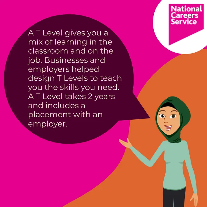 Text reads: A T Level gives you a mix of learning in the classroom and on the job. Businesses and employers helped design T Levels to teach you the skills you need. A T Level takes 2 years and includes a placement with an employer.