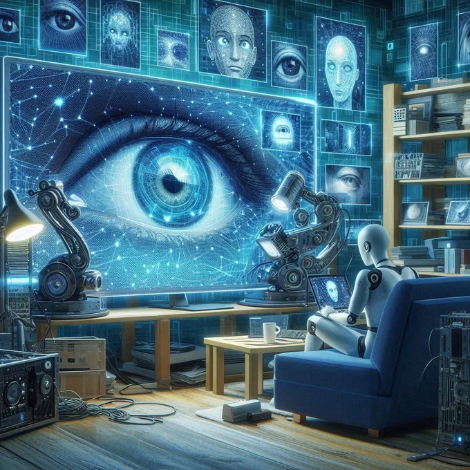 Das Bild zeigt einen Roboter der in einem Sessel sitzt und vom Betrachter abgewandt auf ein Laptop schaut. Im Hintergrund ist eine Wand zu sehen, die ein einziger großer Bildschirm zu sein scheint, auf dem wiederum ganz viele Bilder zu sehen sind. Die Stimmung des Bildes ist technisch surreal.