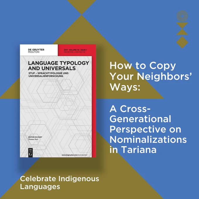 The journal cover titled “STUF - Language Typology and Universals” is shown against a blue background with olive green geometric shapes. To the right of the journal cover is the title of the article featured in the collection: “How to copy your neighbors’ ways: A cross-generational perspective on nominalizations in Tariana” by Alexandra Y. Aikhenvald. Below the cover, there is smaller text that reads “Celebrate Indigenous Languages”.