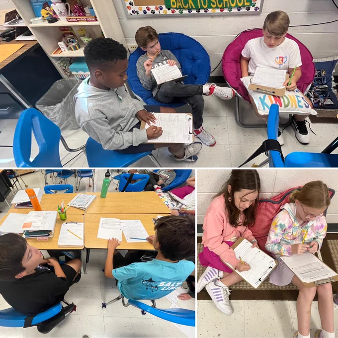 Collage of students reading, talking, and writing