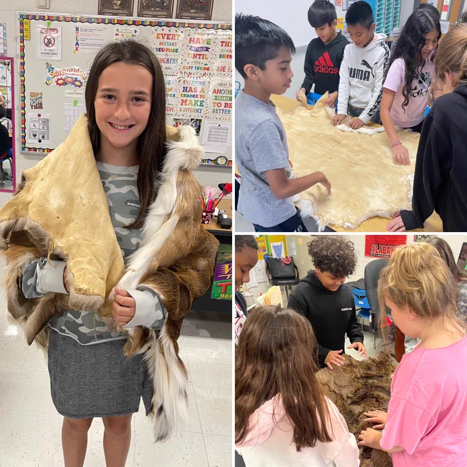 Collage of students with deer hide