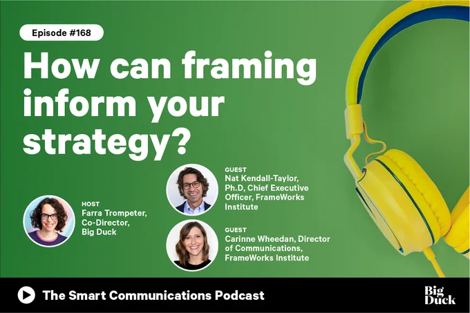 IMAGE ID: Green graphic with image and text: The Smart Communications Podcast EP168 How can framing inform your strategy?