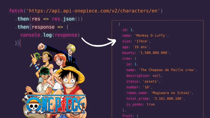 API de One Piece:

fetch('https://api.api-onepiece.com/v2/characters/en')
  .then(res => res.json())
  .then(response => {
    console.log(response)
  })