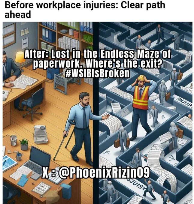 Alt text: "Split screen image: On the left, a hard worker is shown at a desk, working diligently. On the right, a maze is depicted, filled with severely injured workers struggling to navigate it. The image illustrates how the promise of a straightforward compensation process often turns into a complex and confusing labyrinth of forms, appeals, and delays, diverting focus from recovery. The contrast highlights the lack of transparency and efficiency in the system."