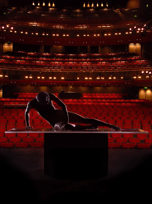 An Anatomie in Four Quarters image by Manuel Vason. A silhouetted figure on stage in a large empty theatre.