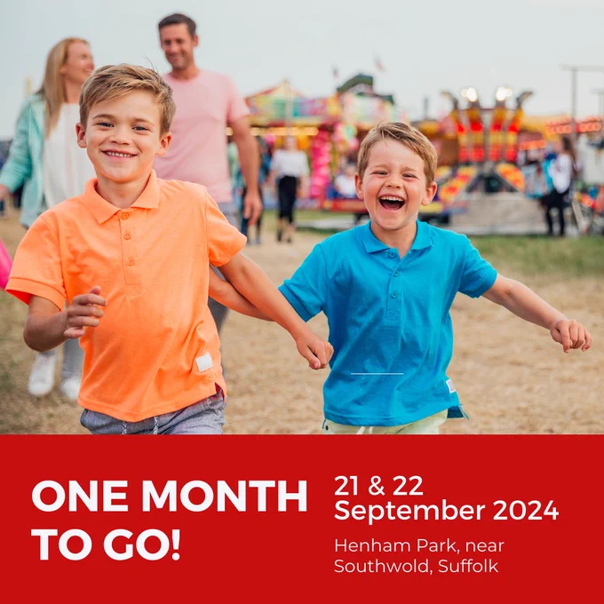 family at the funfair. Text reads 'one month to go! 21 and 22 September 2024, Henham Park near Southwold, Suffolk.'