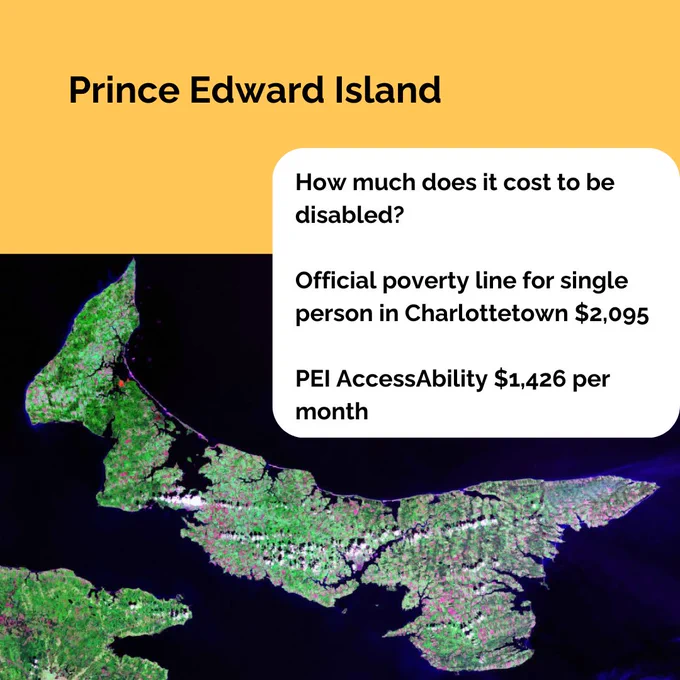 Satellite image of Prince Edward Island. Text: How much does it cost to be disabled? Official poverty line for single person in Charlottetown $2,095. PEI AccessAbility $1,426  per month.