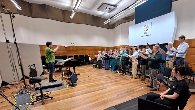 BBC Singers in action at BBC Maida Vale Studio with the binaural heads amongst them.