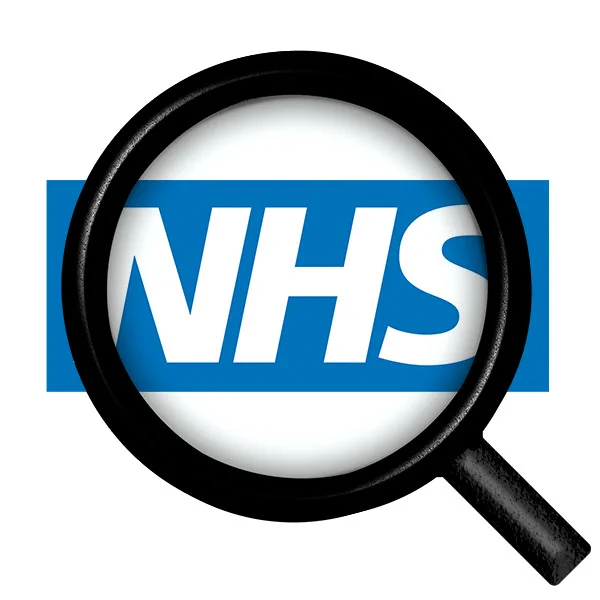 Magnifying glass over NHS logo on blue background.