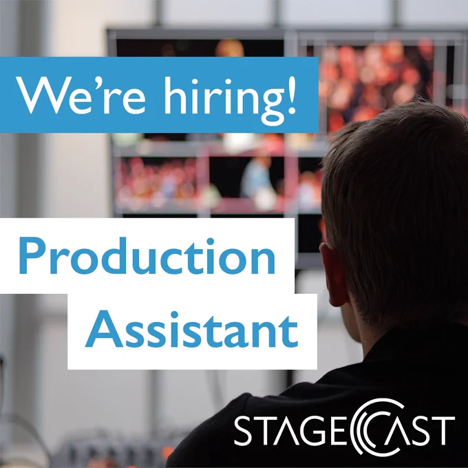 A head in silhouette with the words: "We're hiring! Production Assistant" and the Stagecast logo.