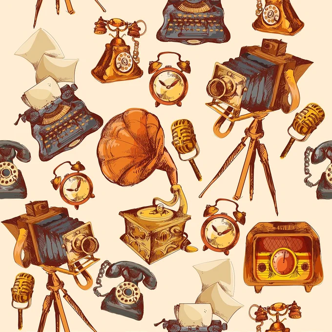 Retro devices sketch seamless pattern with  photo camera, microphone, radio and gramophone.