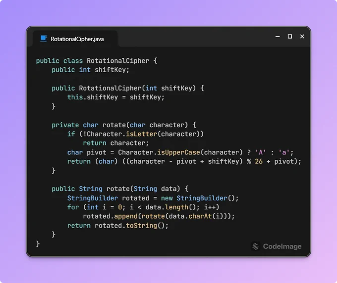 RotationalCipher.java code for encrypting messages with a shift key in Java.