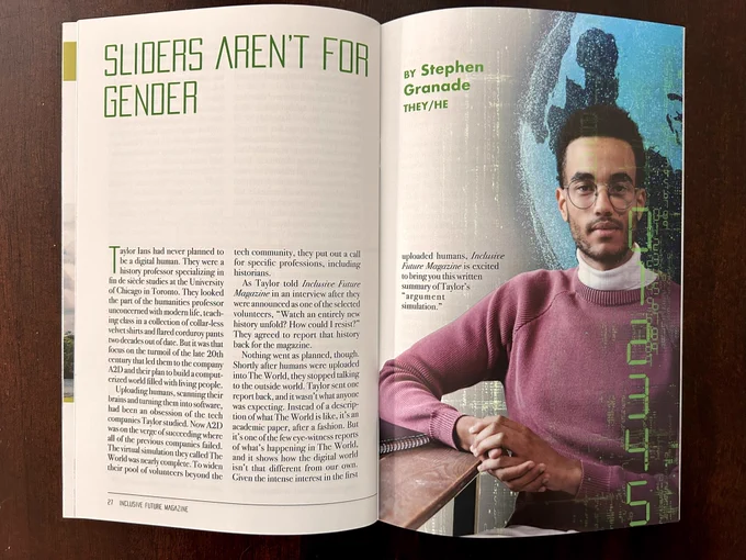 Pages from Inclusive Future Magazine with the story “Sliders Aren’t for Gender”.