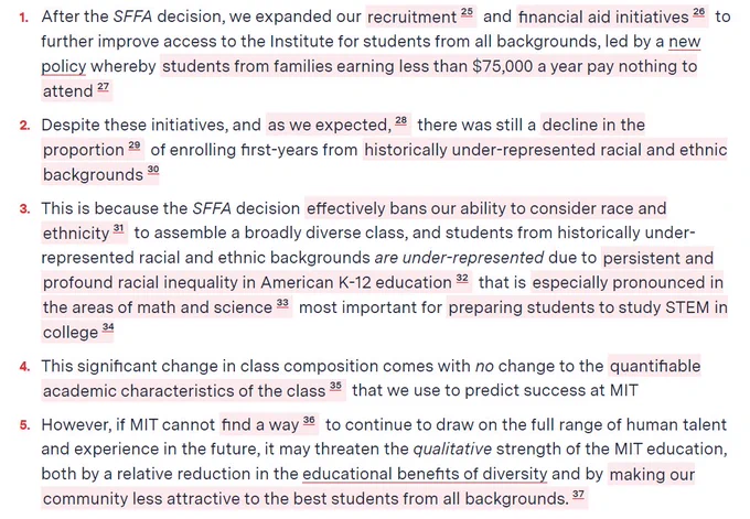 screenshot of article by MIT Dean of Admissions Stu Schmill on MIT Admissions website.

abbreviated:
1. After the SFFA decision, we expanded our recruitment and financial aid initiatives to further improve access for students from all backgrounds
2. Despite this, there was still a significant decline in enrollment from underrepresented racial/ethnic backgrounds
3. This is because the SFFA decisions effectively bans our ability to consider race/ethnicity to assemble a broadly diverse class, and students from historically underrepresented backgrounds are underrepresented due to profound racial inequality in American education
4. This big change in class composition comes with no change to the quantifiable academic characteristics of the class
5. However, the SFFA decision threatens the qualitative strength of an MIT education, both by reducing the educational benefits of diversity and by making MIT less attractive to the best students from all backgrounds