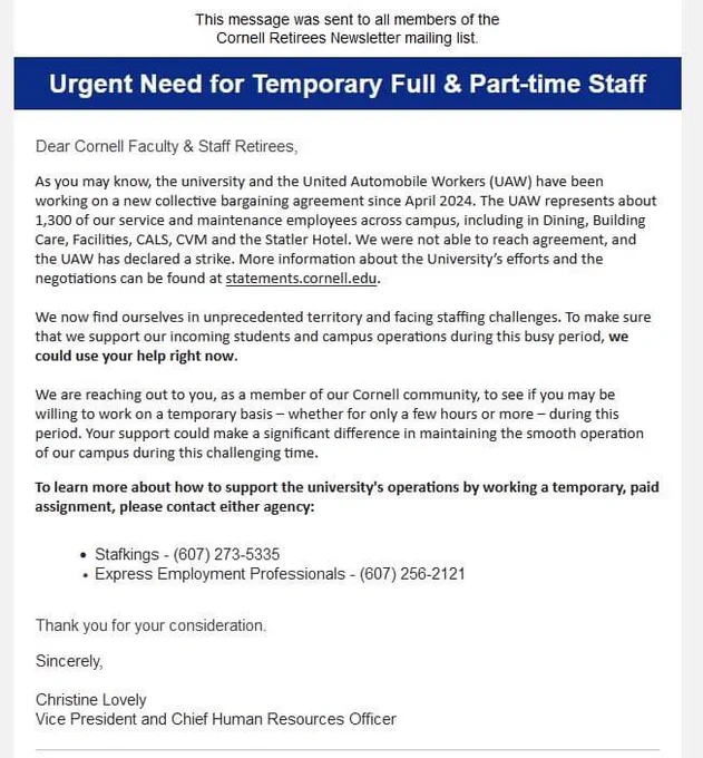 Screenshot of a Cornell Retirees Newsletter email from Cornell Vice President Christine Lovely encouraging retirees and other staff to scab on Local 2300 jobs during the local's strike. 