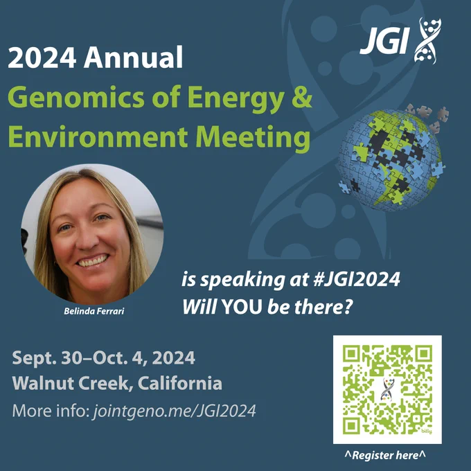 Promotional graphic for the 2024 Annual Genomics of Energy & Environment Meeting, hosted by JGI. The background is blue with a DNA double helix design and a globe made of puzzle pieces in green, blue, and gray. The text reads: '2024 Annual Genomics of Energy & Environment Meeting' and 'Sept. 30–Oct. 4, 2024, Walnut Creek, California.' Below the text is a circular photo of Belinda Ferrari, who is listed as a speaker at the event. The graphic also includes the URL jointgeno.me/JGI2024 and a QR code for registration and the hashtag '#JGI2024'.