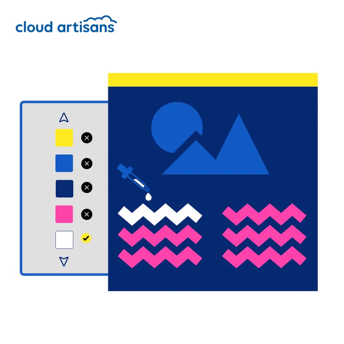 A white graphic with a blue square with light blue and pink shapes representing a computer screen with a light grey rectangle attached to the side detailing different colours which can change those on the screen.