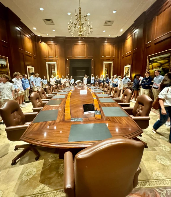 A high tech table in a beautiful room. 