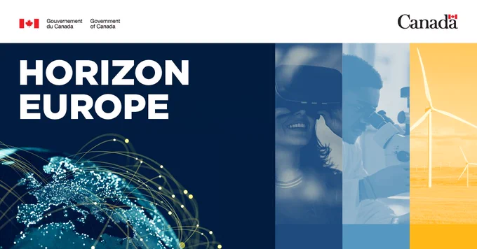 Globe terrestre entouré de lignes et de points de lumière interconnectés; femme utilisant un casque de réalité virtuelle; homme regardant dans un microscope; éoliennes. Texte : Horizon Europe.