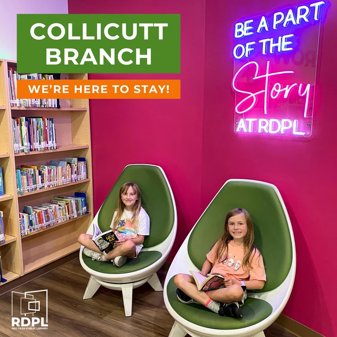 Two young girls reading books sitting in cozy green chairs in the Collicutt Branch library. A bookshelf is on the left, and a bright pink wall covers most of the background, with a neon sign that reads "Be a Part of the Story at RDPL."