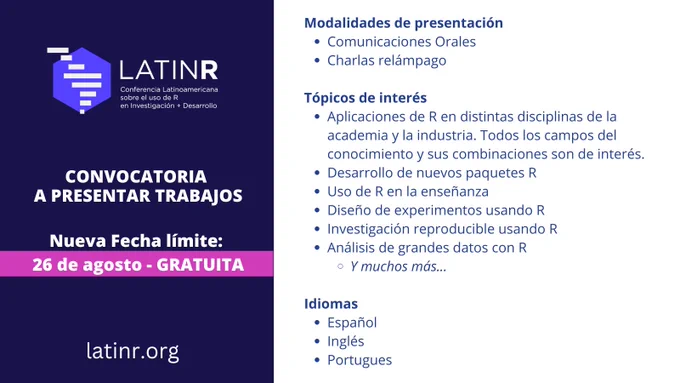 
flyer informativo con logo de la conferencia y texto: Convocatoria a presentar trabajos, Nueva Fecha límite: 26 de agosto - GRATUITA. Modalidades de presentación para esta edición: Comunicaciones Orales y Charlas relámpago-

Tópicos de interés: Aplicaciones de R en distintas disciplinas de la academia y la industria. Todos los campos del conocimiento y sus combinaciones son de interés. Desarrollo de nuevos paquetes R. Uso de R en la enseñanza. Diseño de experimentos usando R. Investigación reproducible usando R Análisis de grandes datos con R. Y muchos más.

Idiomas Español, Inglés, Portugues.

web de la conferencia: latinr.org