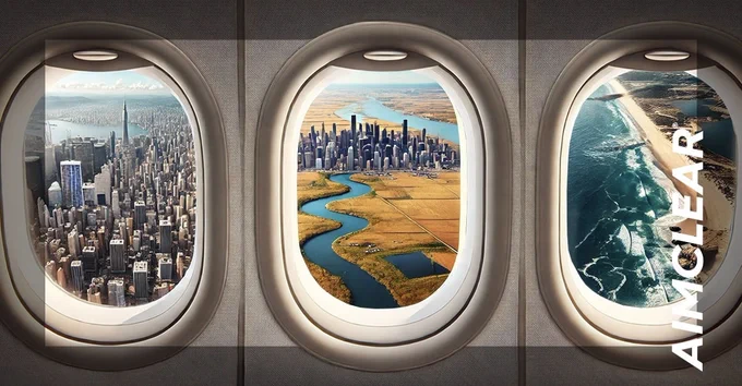 Image is a graphic that shows the view from three plane windows as a reference to the blog post mentioned, which shares where AIMCLEAR thought leaders will be speaking Fall 2024.
