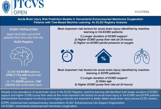Summary of key study findings. ML identified longer ECMO duration (in days) and higher 24-hour ECMO pump flow rates as the most important risk factors for ABI in patients receiving VA-ECMO. Better standardized neurological monitoring is required to detect the true prevalence across ELSO centers. VA-ECMO, Venoarterial extracorporeal membrane oxygenation; ECPR, extracorporeal cardiopulmonary resuscitation.