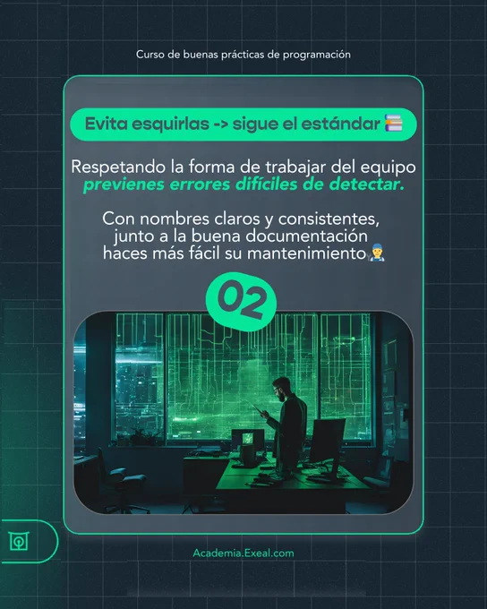 Segunda clave del carrusel con el título ‘Evita esquirlas -> sigue el estándar’. Imagen de un programador en un entorno de trabajo con pantallas verdes, resaltando la importancia de seguir los estándares y documentar para prevenir errores difíciles de detectar.