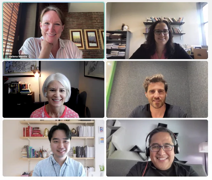 Photo of webex call with Jwawon Seo, Helena Mentis, Anita Komlodi, Andrea Kleinsmith, Ignacio Avellino, and Andres Monroy-Hernandez. 