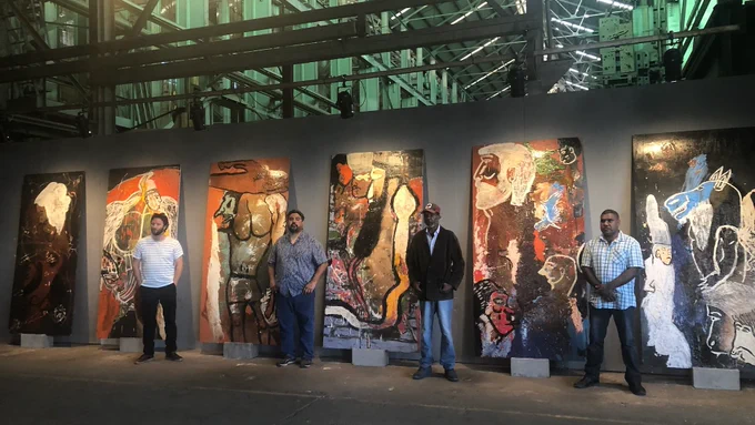 Tennant Creek Brio artists Rupert Betheras, Joseph Williams Jangarrayi, Fabian Brown Japaljarri and Jimmy Frank Juppurla, with Ancestor boards 2020, NIRIN, 22nd Biennale of Sydney, 2020