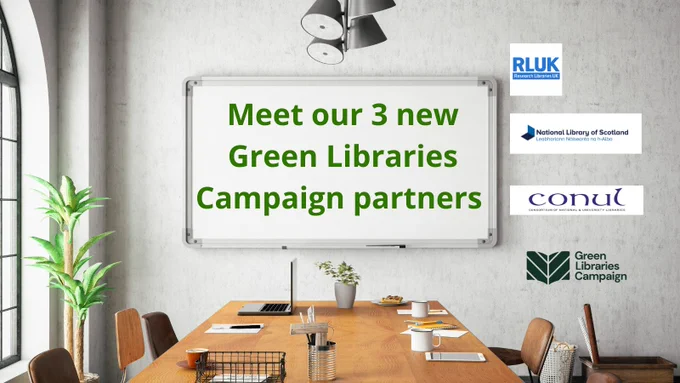 GL campaign welcomes new partners text, logos - glc, conul, national librar of scotland, rluk. Image background is of an empty office