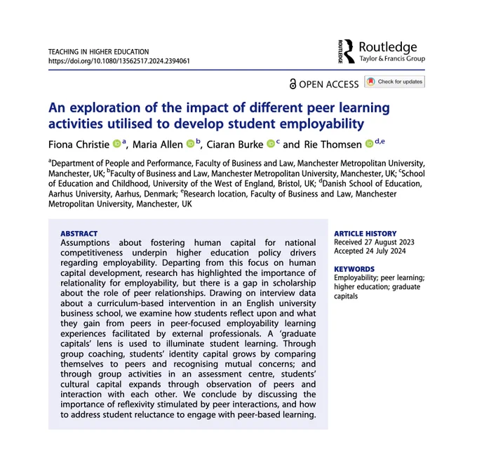A screenshot of the first page of the article from the journal Teaching in Higher Education: Critical Perspectives titled: An exploration of the impact of different peer learning activities utilised to develop student employability by Fiona Christie, Maria Allen, Ciaran Burke and Rie Thomsen. The screenshot includes the abstract of the article (available via the link).