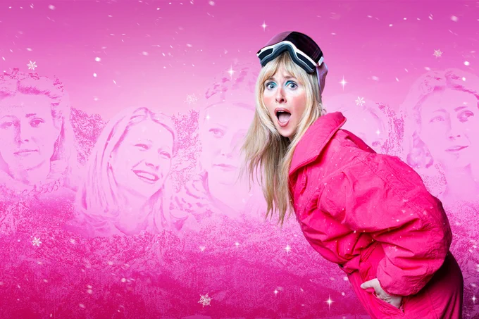 Diana Vickers posing as Gwyneth Paltrow in a pink ski suit and goggles