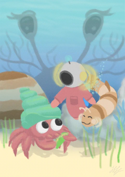 Fan art of Crab God and Loddlenaut made by @mutemutable