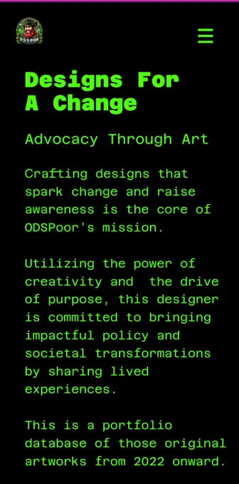 the intro page to my advocacy design website, screenshot. bright green text on black background.