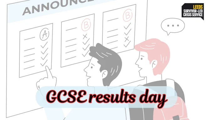 Background image of two people looking at a board labelled 'Announcements' with three pinned up marked exam papers, with ticks and crosses, one given an A grade, the other two are B grades. Text in front reads: GCSE results day