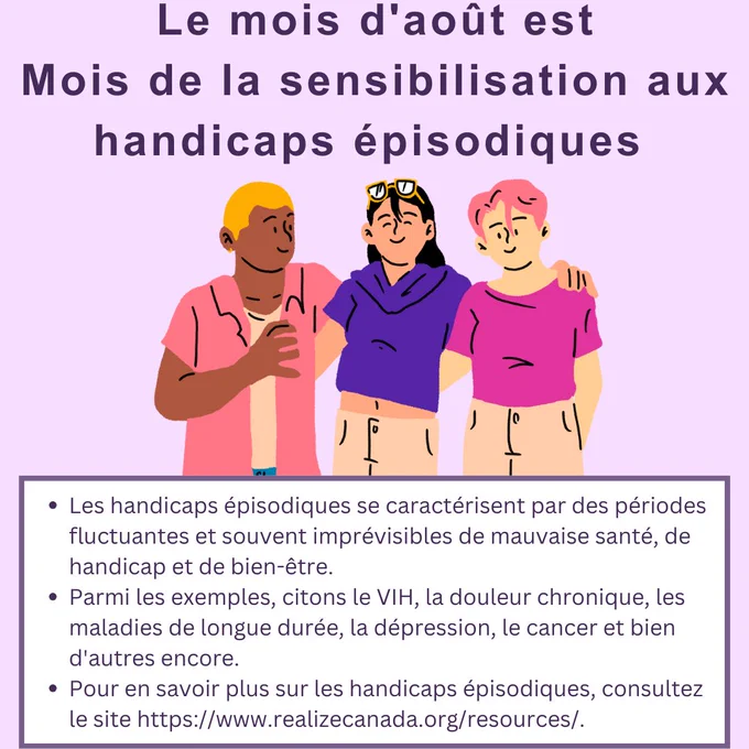 Le mois d'août est Mois de la sensibilisation aux handicaps épisodiques!

Les handicaps épisodiques se caractérisent par des périodes fluctuantes et souvent imprévisibles de mauvaise santé, de handicap et de bien-être. Parmi les exemples, citons le VIH, la douleur chronique, les maladies de longue durée, la dépression, le cancer et bien d'autres encore. Pour en savoir plus sur les handicaps épisodiques, consultez le site https://www.realizecanada.org/fr/ressources/

(Légende de l'image : trois jeunes souriant bras dessus, bras dessous)