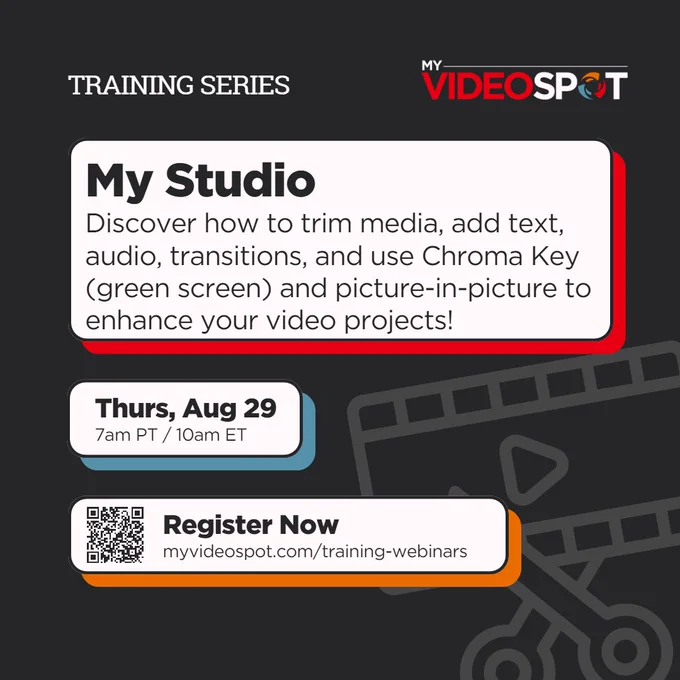 Training Series | My Studio: Discover how to trim media, add text, audio, transition, and use Chroma Key (green screen) and picture-in-picture to enhance your video projects! Thursday, August 29 at 7am PT / 10am ET. Register now at www.myvideospot.com/training-webinars.