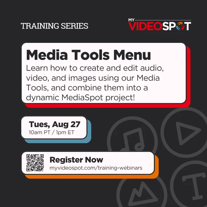 Training Series | Media Tools Menu: Learn how to create and edit audio, video, and images using our Media Tools, and combine them into a dynamic MediaSpot project! Tuesday, August 27 at 10am PT / 1pm ET. Register now at www.myvideospot.com/training-webinars.