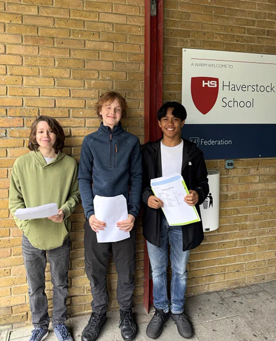 Photo of high achieving Haverstock School GCSE students Gaspard, Mordecai and Aries (left to right).