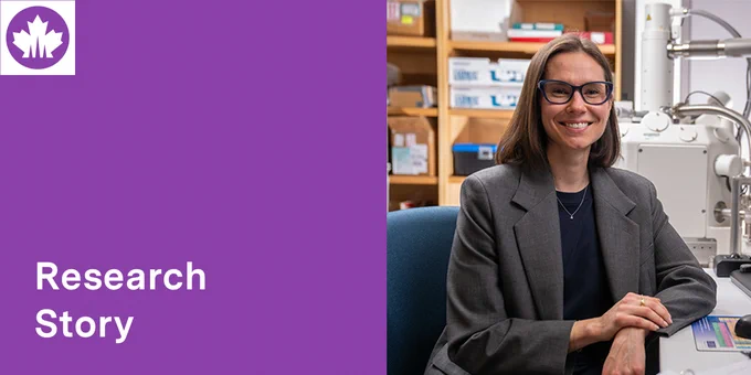 IMAGE: Rectangle divided into two squares. Left: Purple background with white title: "Research Story", along with a small square NSERC logo of maple leaf at the top left. Right square: Photo of Samantha Gateman sitting at a desk in front of a computer monitor, smiling to the camera. Photo credit: Darryl Lahteenmaa/Western Communications