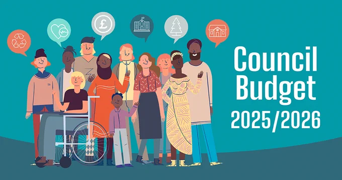 graphic of cartoon people standing together with the text "council budget 2025/2026"