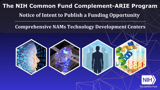 Background fades from dark blue to royal blue with a geometric shape on the right. Four linear images are shown representing artificial intelligence, in vitro, in silico, and in chemico technology. Text reads: “The NIH Common Fund Complement-ARIE Program. Notice of Intent to Publish a Funding Opportunity. Comprehensive NAMs Technology Development Centers.” The NIH logo appears in the bottom right corner.