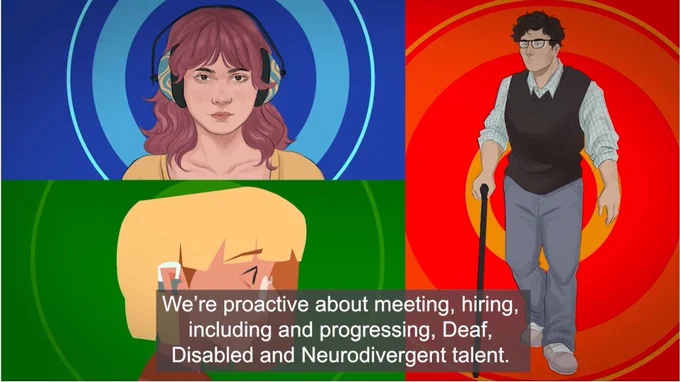 A still from the TV Access Project 5 As animation with a woman wearing ear defenders, a woman with a hearing aid and a person using a walking stick. Subtitles over the top read: we're proactive about meeting, hiring, including and progressing, Deaf, Disabled and Neurodivergent talent.
