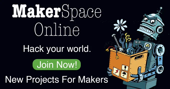 (image of a robot holding a box of tools on a black background) MakerSpace Online: Hack your world | New Projects For Makers | Join Now!