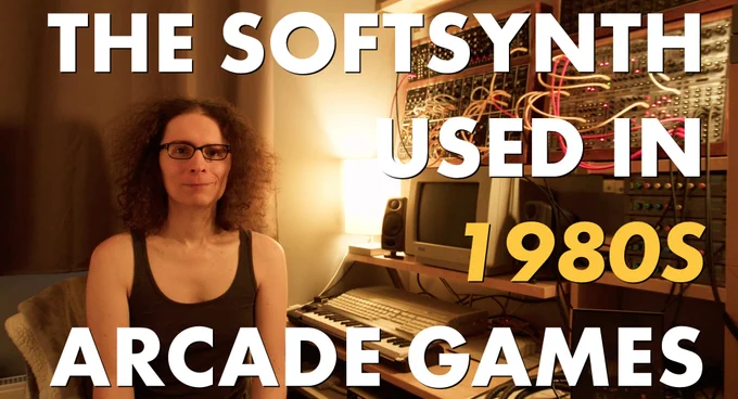 I'm sitting in front of an Atari ST and some modular synthesisers, in the cosy little nook that is my studio.  An overlaid title reads "The Softsynth Used in 1980s Arcade Games"