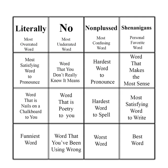 Word Grid: Shenanigans: Personal Favorite Word
Next Prompt: Most Satisfying Word to Pronounce 